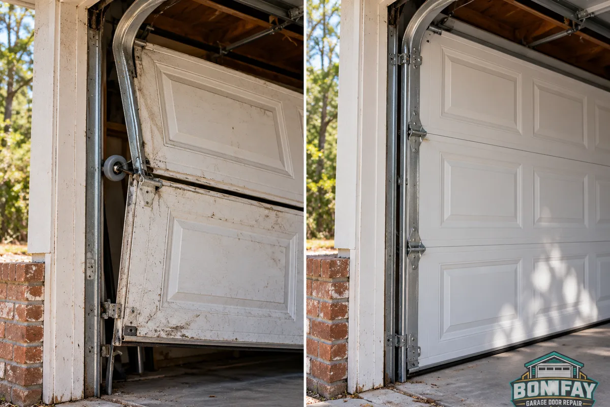 Before-and-after comparison of an off-track residential garage door and the corrected aligned door