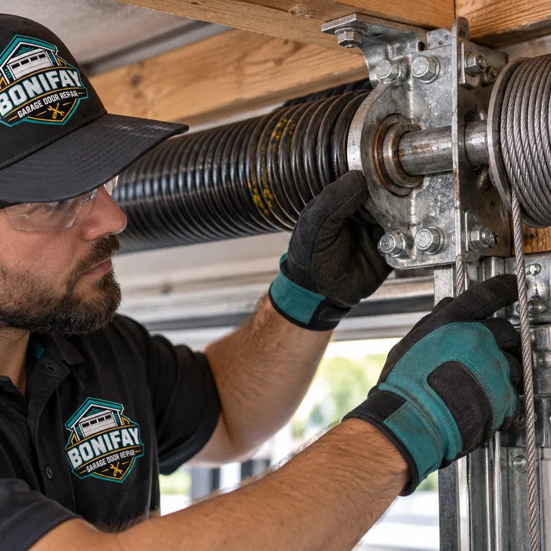 Residential torsion spring, center bearing plate, cable drums, and lift cables during inspection