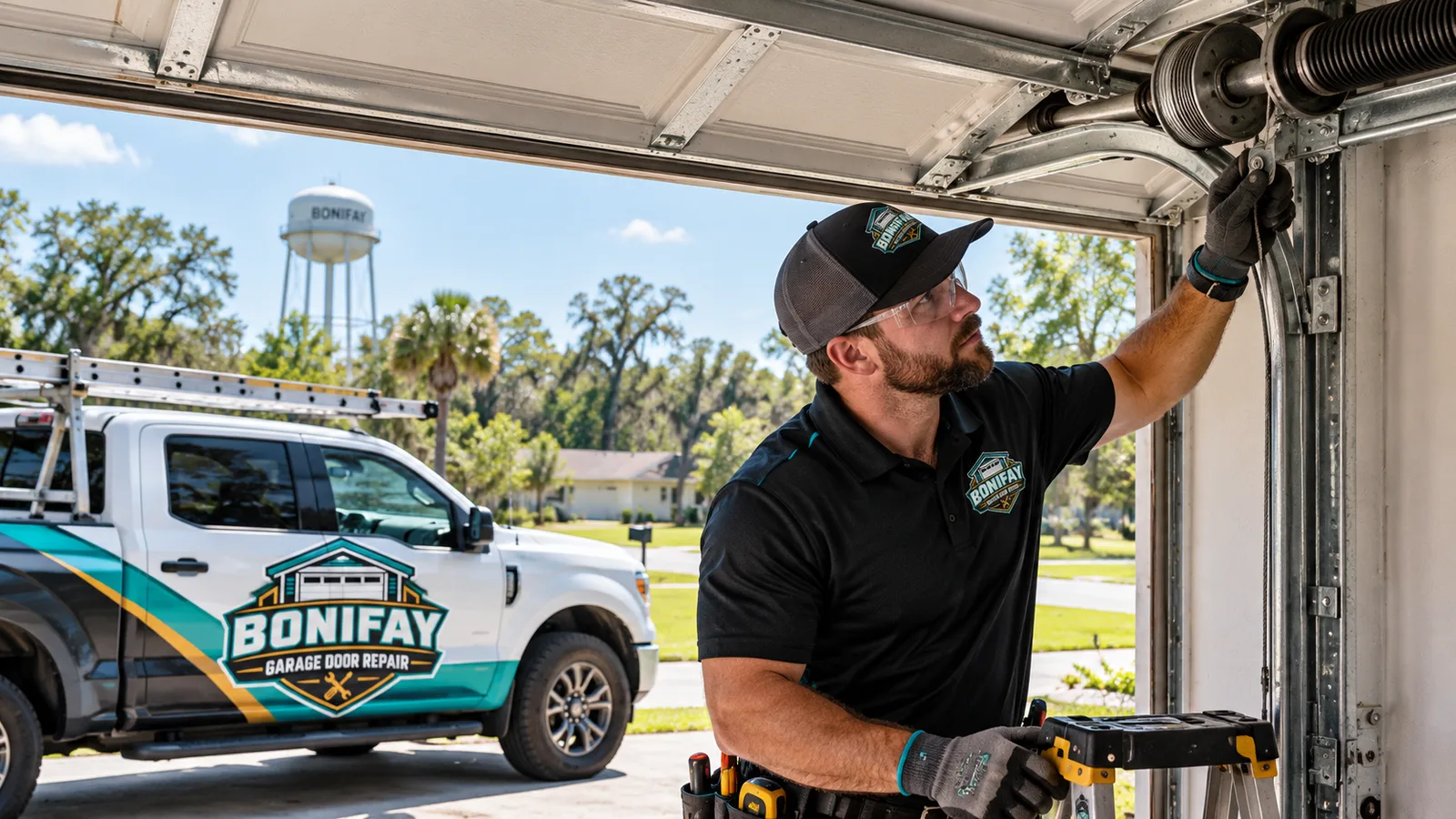 Residential garage door technician inspecting rollers, tracks, cables, and the spring system in Bonifay