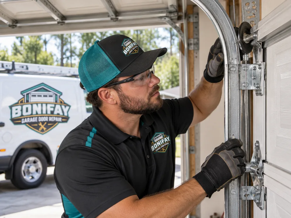 Technician checking a residential garage door track, rollers, lift cable, and mounting brackets