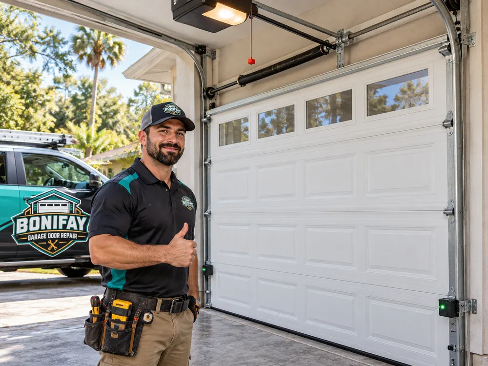 Repaired sectional garage door operating evenly with opener and safety sensors visible