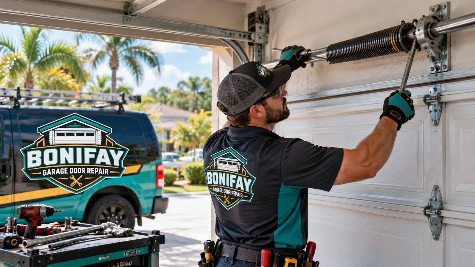 Residential garage door technician replacing a broken torsion spring above a closed sectional door