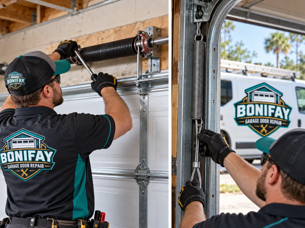 Torsion spring assembly above a garage door and an extension spring with a safety cable beside a horizontal track