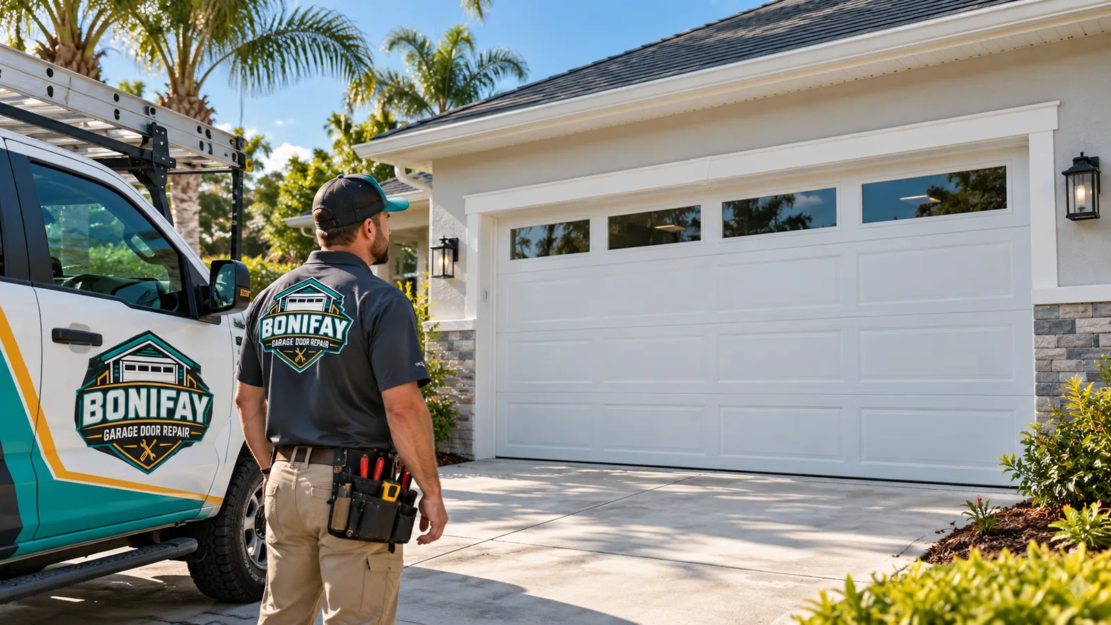 Newly installed insulated steel garage door on a Florida home with aligned panels and finished exterior trim