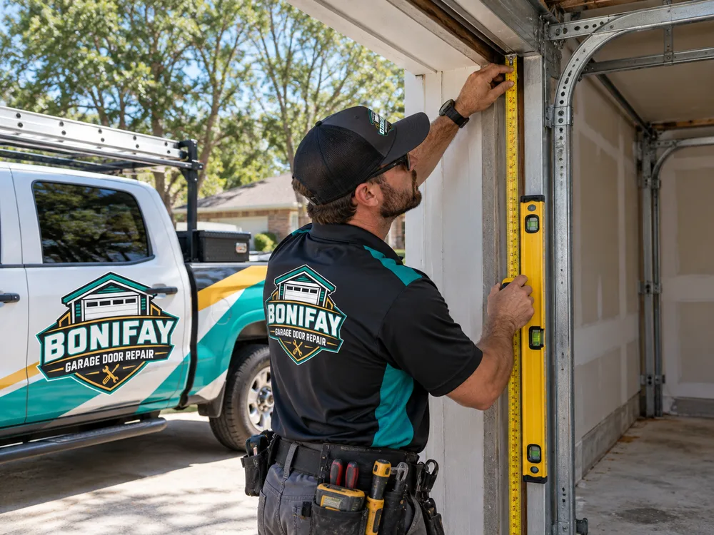 Technician measuring and leveling an empty residential garage opening with jambs, header, floor, and track clearance visible