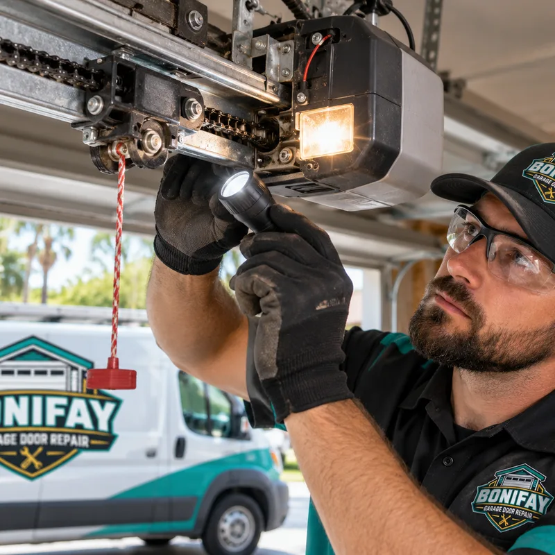 Garage door opener rail, trolley, drive assembly, and diagnostic light being inspected