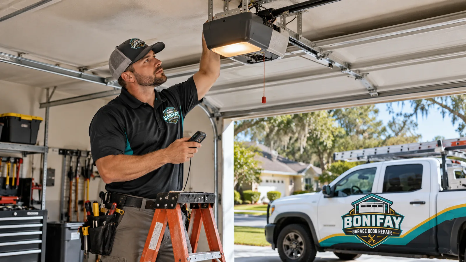 Technician testing a ceiling-mounted garage door opener and its controls inside a residential garage