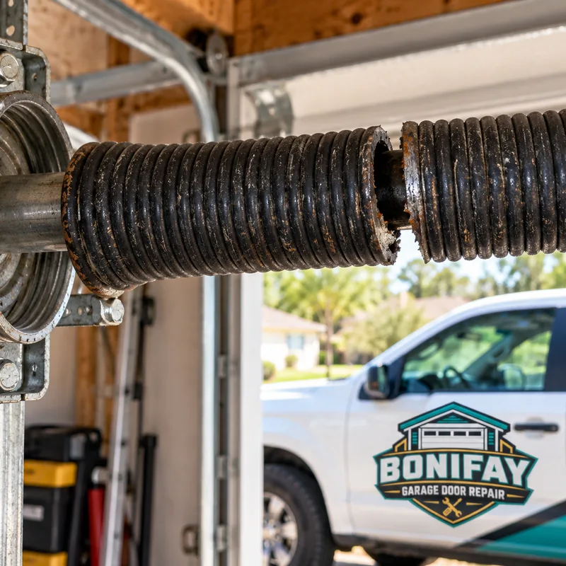 Residential torsion spring with a visible break viewed from a safe distance
