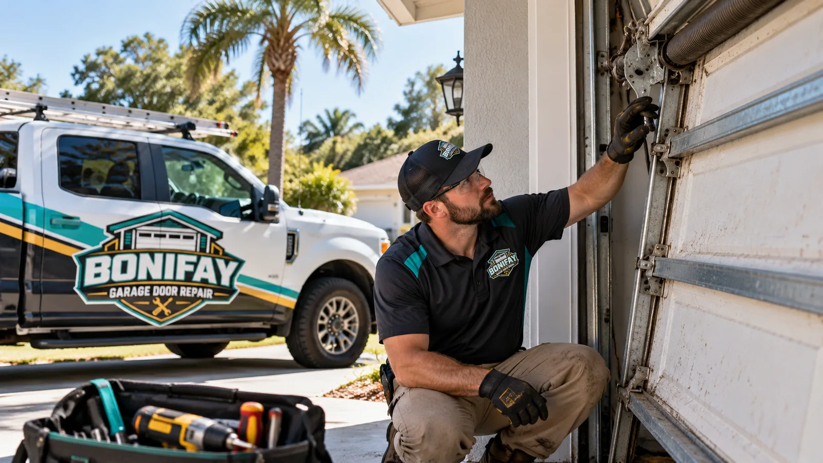 Residential garage door technician inspecting a jammed sectional door at a Bonifay-area home during an urgent repair visit