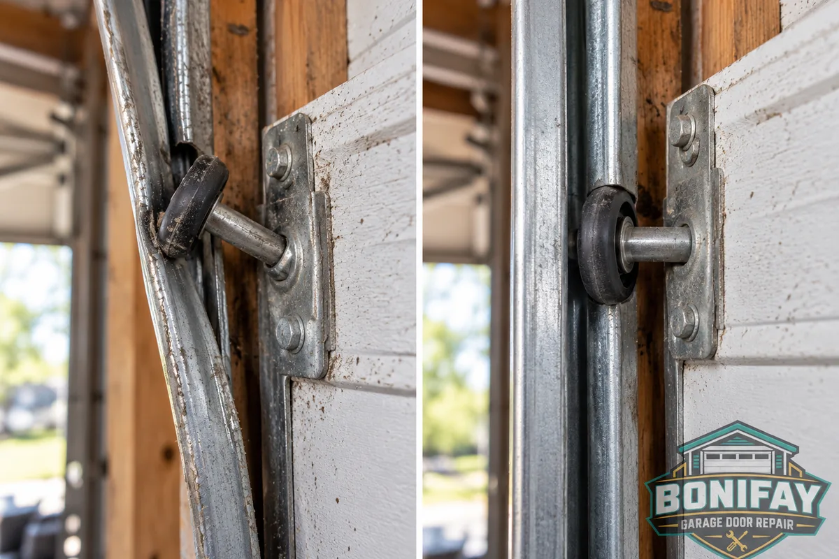 Garage door roller displaced from a misaligned track before repair and seated correctly after repair