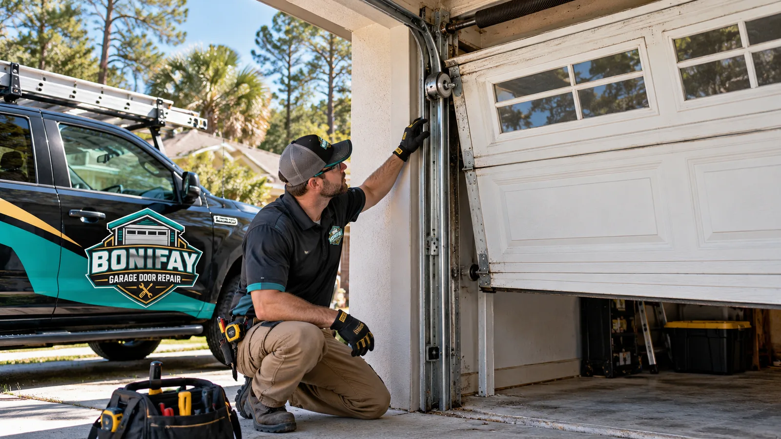 Residential garage door sitting crooked in its tracks while a technician inspects the roller and vertical track